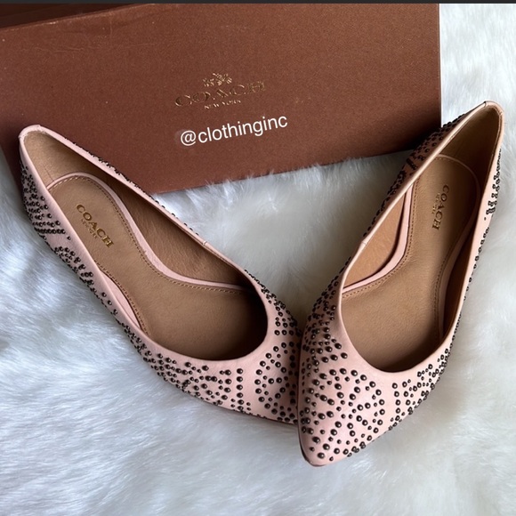New COACH Pale Pink Point Toe Brass Color Stud Flats, No Box Included - Picture 1 of 4